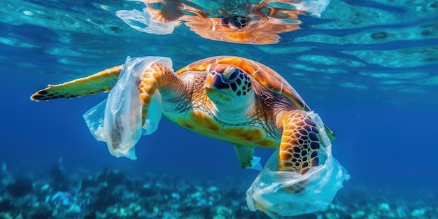 Tartaruga marinha presa em um saco plástico Pare o conceito de poluição plástica oceânica Generative AI
