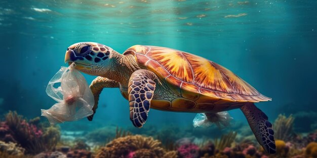 Tartaruga marinha presa em um saco plástico Pare o conceito de poluição plástica oceânica Generative AI