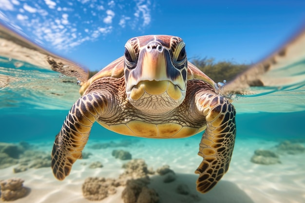 Foto tartaruga marinha verde havaiana chelonia mydas nadando debaixo d'água tartaruga marina verde nadando em torno de formações de recifes de coral coloridos na natureza