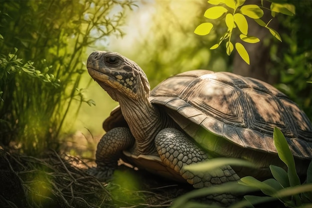 Tartaruga muito velha se aquecendo ao sol cercada por uma vegetação luxuriante