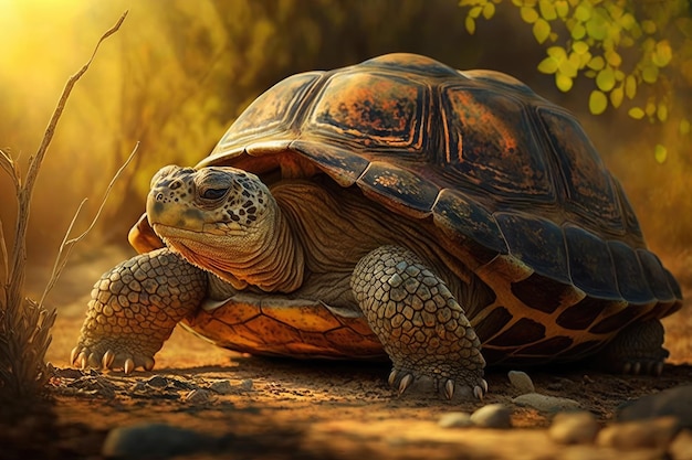 Tartaruga muito velha se aquecendo sob a luz do sol quente, desfrutando de um momento de paz criado com IA generativa