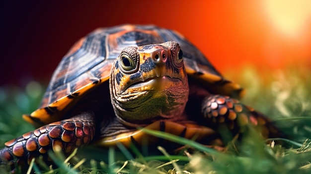 Tartaruga na grama Linda tartaruga com olhos laranja