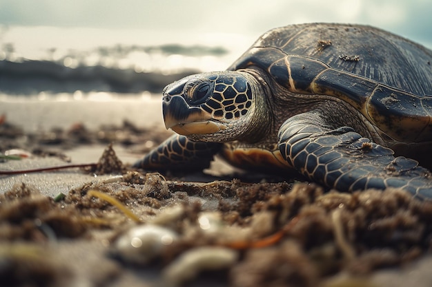 Tartaruga na praia lixo por todo o lado generativo ai