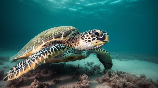 Tartaruga nadadora em uma IA generativa de recife marinho