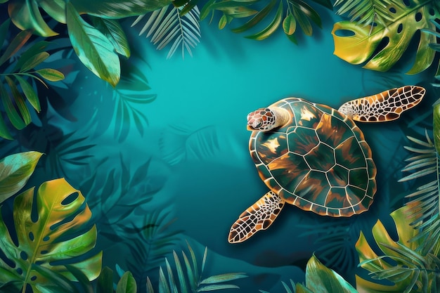 Tartaruga nadando em uma piscina cercada de folhas tropicais