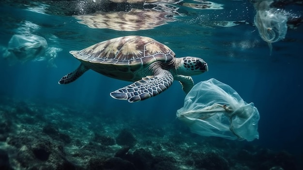 Foto tartaruga oceânica a nadar na poluição plástica