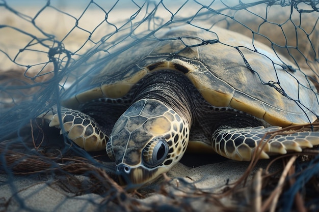 Tartaruga presa em lixo plástico deitado na praia O conceito de um desastre ecológico