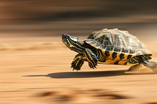 Foto tartaruga rápida correndo a toda velocidade na estrada do deserto