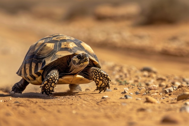 Foto tartaruga rápida correndo a toda velocidade na estrada do deserto