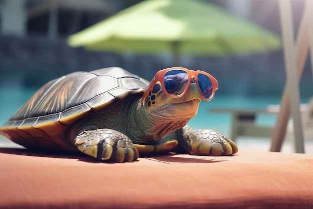 Tartaruga usando óculos de sol vermelhos na praia Dia da tartaruga