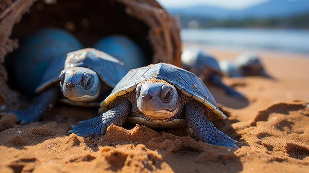 Tartarugas eclodem de ovos na praia e rastejam para o mar