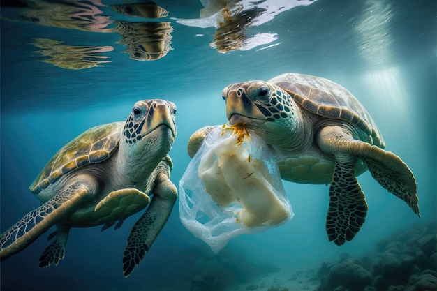 Tartarugas estão comendo sacolas plásticas no mar Feito por IAInteligência artificial
