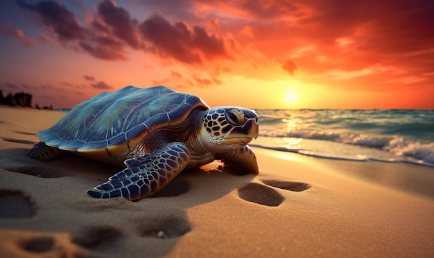 Tartarugas na praia com um pôr-do-sol ao fundo