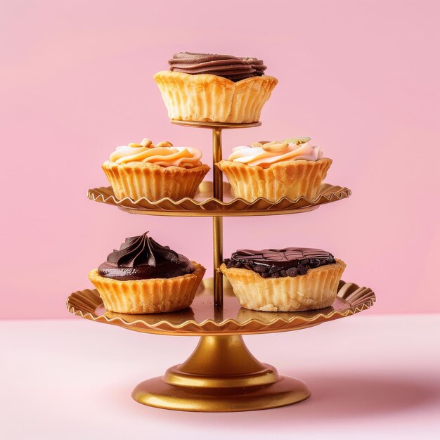 Foto las tartas frescas y sabrosas en un soporte dorado sobre un fondo rosado