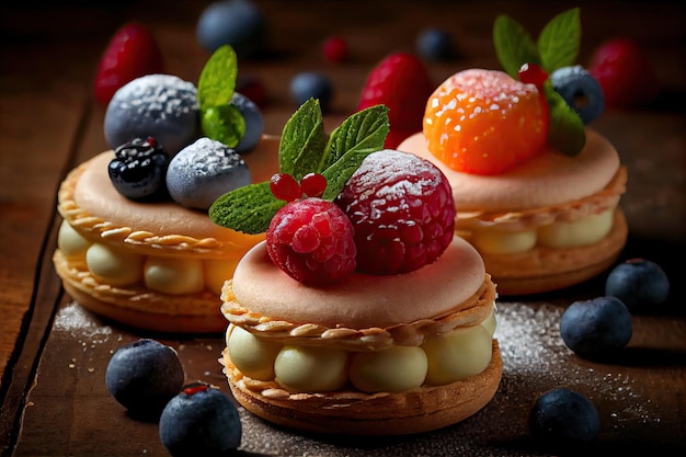 Tartas de frutas macarrones con crema en pastelería