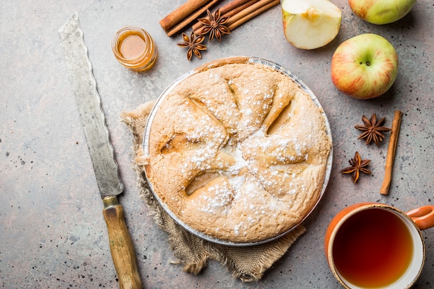 Tartas de manzana e ingredientes en gris