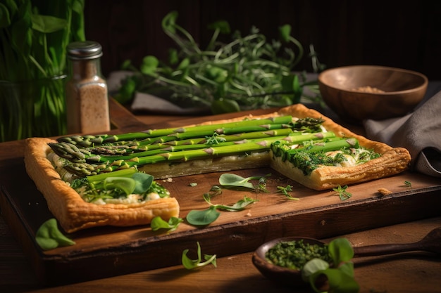 Tarte de espargos em placa de madeira rústica com microgreens e sal de acabamento