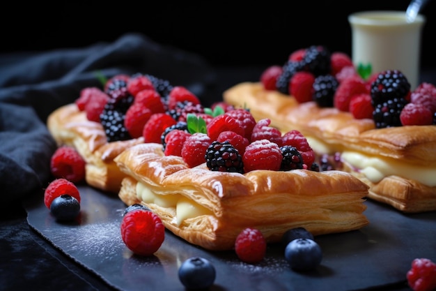 Tarte folhada folhada com recheio de creme de frutas silvestres criado com ai generativa