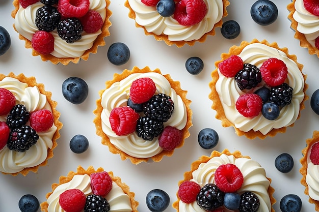 Tarteletas de frutas e bagas bandeja de sobremesas variada vista de cima fundo