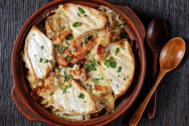 Tartiflette, französischer Kartoffel-, Speck- und Käseauflauf in einer Tonschale auf einem dunklen Holztisch mit Löffeln, flach