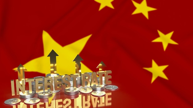 La tasa de interés del texto dorado y las monedas en la bandera china para la representación 3d del concepto de negocio