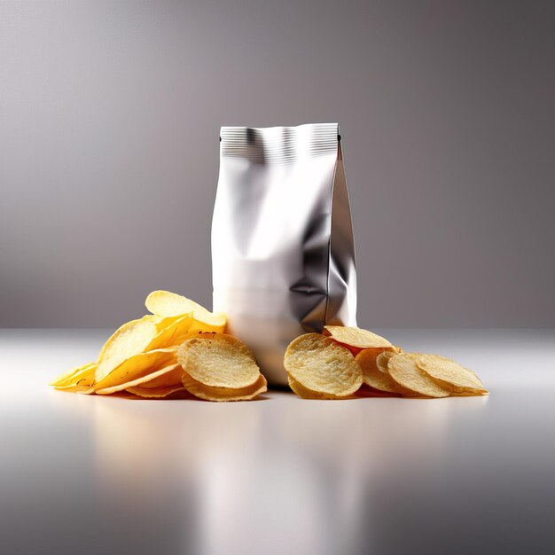 Foto tasche mit gebratenen kartoffelschnitzeln leere generische verpackungsmodellfoto