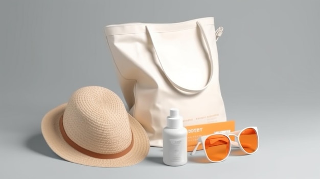 Tasche mit Sonnencreme und Flipflops auf weißem Hintergrund Generative KI