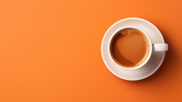 Tasse aromatischer heißer Kaffee auf Draufsicht des Farbhintergrundes