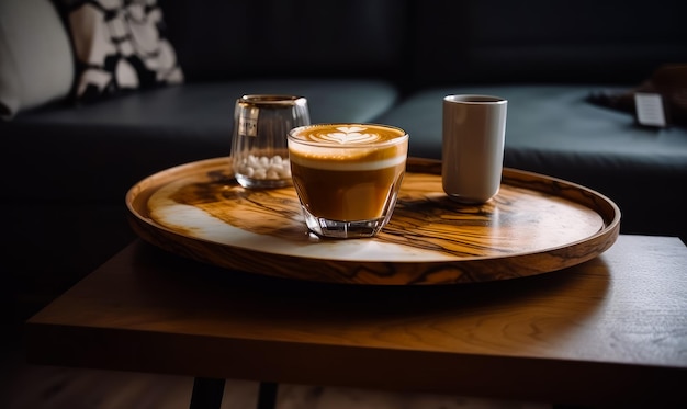 Tasse Cappuccino mit Blumenbild auf dem Schaum Leckeres Getränk auf dem Holztablett im gemütlichen Innenraum Generative KI