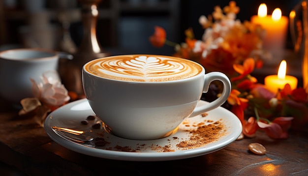 Tasse Cappuccino mit Latte Art auf Holztisch