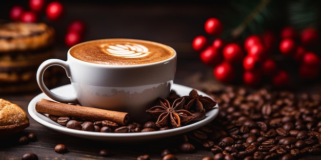 Tasse Cappuccino mit Zimt und Gewürzen auf dunklem Tisch vor weihnachtlichem Licht-Bokeh-Hintergrund