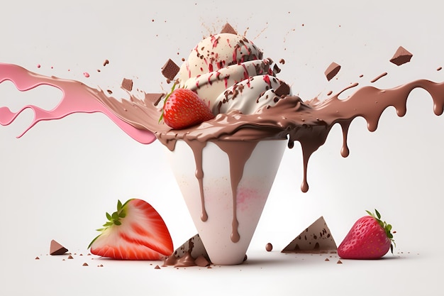 Tasse cremiges Erdbeer- und Schokoladeneis mit weißem Hintergrund