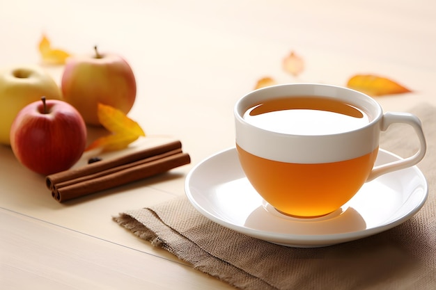 Tasse dampfend heißen Apfelwein, ein beliebtes Getränk, das man an den klaren Herbsttagen der Tagundnachtgleiche genießt