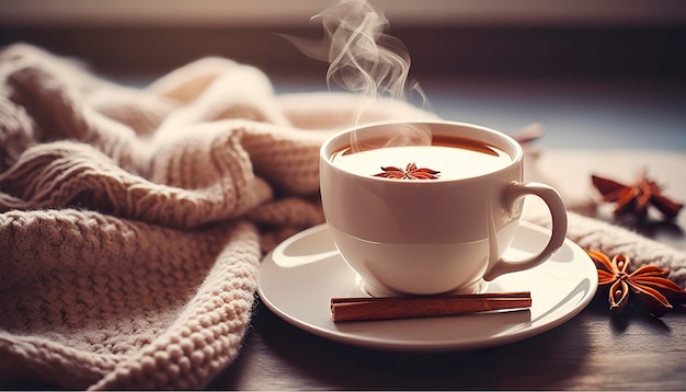Tasse dampfender Tee, Kaffee, gestrickte Decke und Zimt-Anis-generative KI
