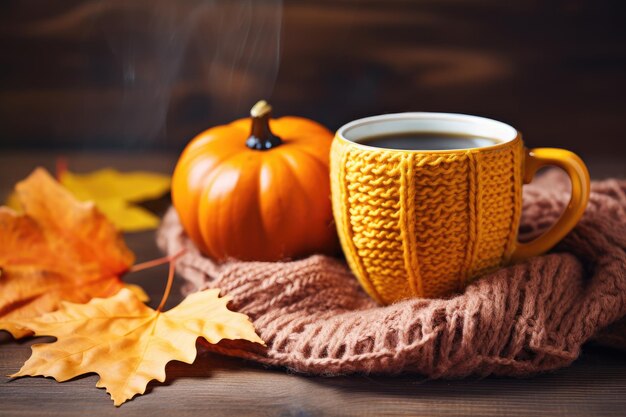 Tasse frischen, heißen Tee mit Herbstblättern und karierter Draufsicht, flache Lage, KI-generiert