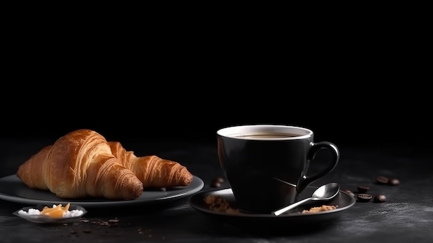 Tasse frischen Kaffee und Croissant. Schwarzer Hintergrund, KI generiert