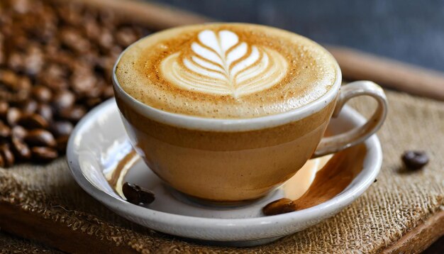 Tasse frischer Kaffee und Bohnen auf dem Tisch Latte Art