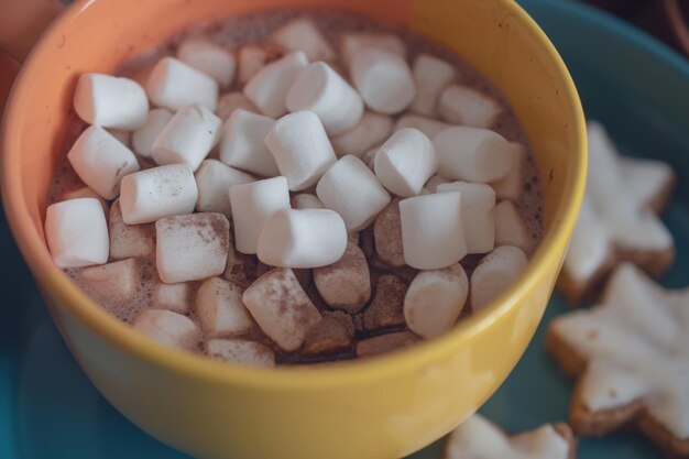 Tasse heiße schokolade mit marshmallow auf dem hintergrund von schokolade und zimt. gemütlicher weihnachts-zuhause-urlaub