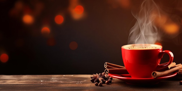 Tasse heißen Kaffee auf braunem Hintergrund mit weihnachtlichem Bokeh-Banner mit Platz für Text