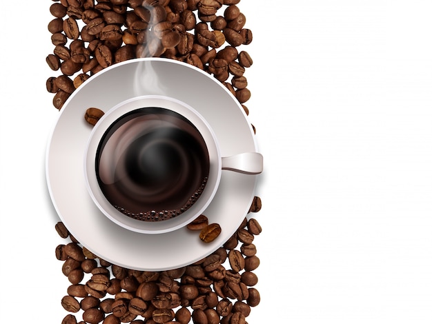 Tasse heißen Kaffee auf Kaffeebohnen Hintergrund