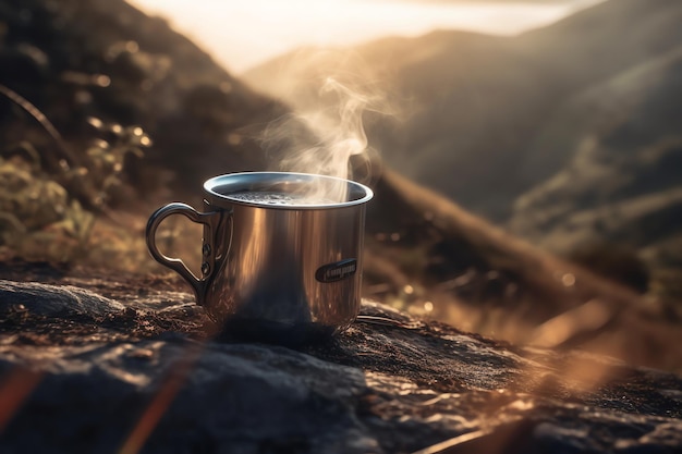 Tasse heißen Kaffee mit Blick auf die Natur