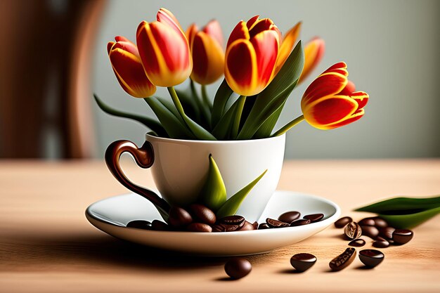 Tasse heißen Kaffee mit Kaffeebohnen und Tulpenblüten aus Stoff