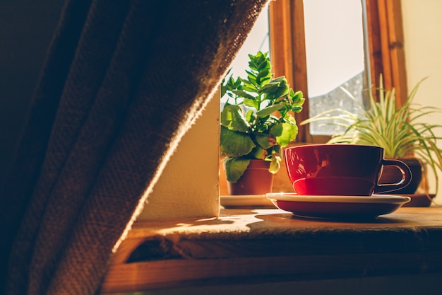 Tasse heißen kaffee mit wenig sonnenlicht aus den fenstern.