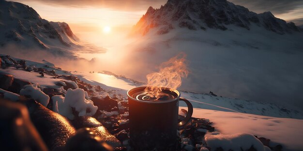 Tasse heißen Kaffee mitten in den schneebedeckten Bergen