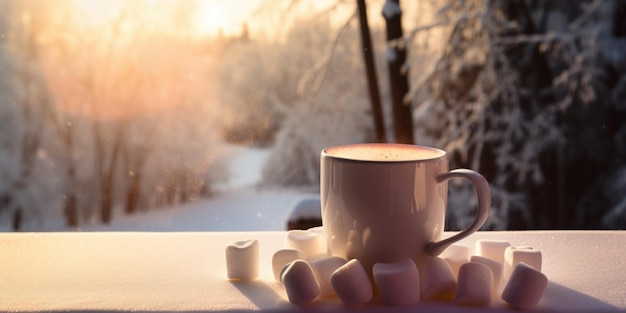 Tasse heißen Kakao mit Marshmallows beim Sonnenuntergang