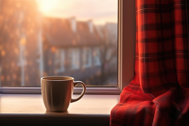 Tasse heißen Tee am Fenster, rotes Plaid und Vorhangregen draußen, KI-generiert