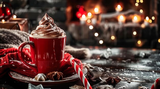 Tasse heißer Kakao auf dem Tisch im Weihnachtsstil Gemütliches Heim-Winterabendkonzept