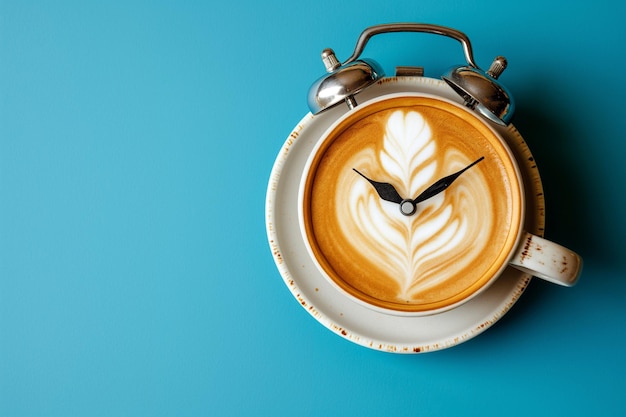 Tasse Kaffee anstelle des klassischen Weckergesichts isoliert auf blauem Hintergrund mit Kopierraum Kaffeepause Morgenroutine Frühstückszeit kreatives Konzept Latte Art auf der Kaffeezeit der Uhr