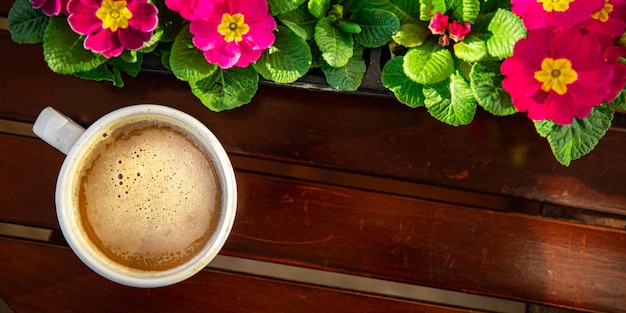 tasse kaffee auf dem tisch im freien und blumen primel mehrfarbiger kopienraum lebensmittelhintergrund