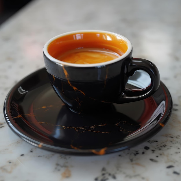 Tasse Kaffee auf dem Tisch mit Restauranthintergrund und schönen Lichtern